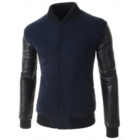 Men Navy Blue Slim Fit Fashion Casual Patched Jacket with Synthetic Leather Sleeves